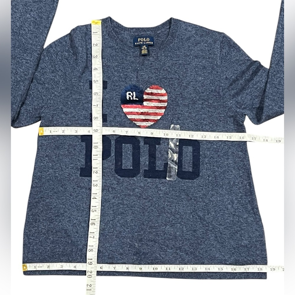 Polo Ralph Lauren Sweater Girls Blue I Heart USA flag Polo Pullover Size L 12-14 - Picture 6 of 11